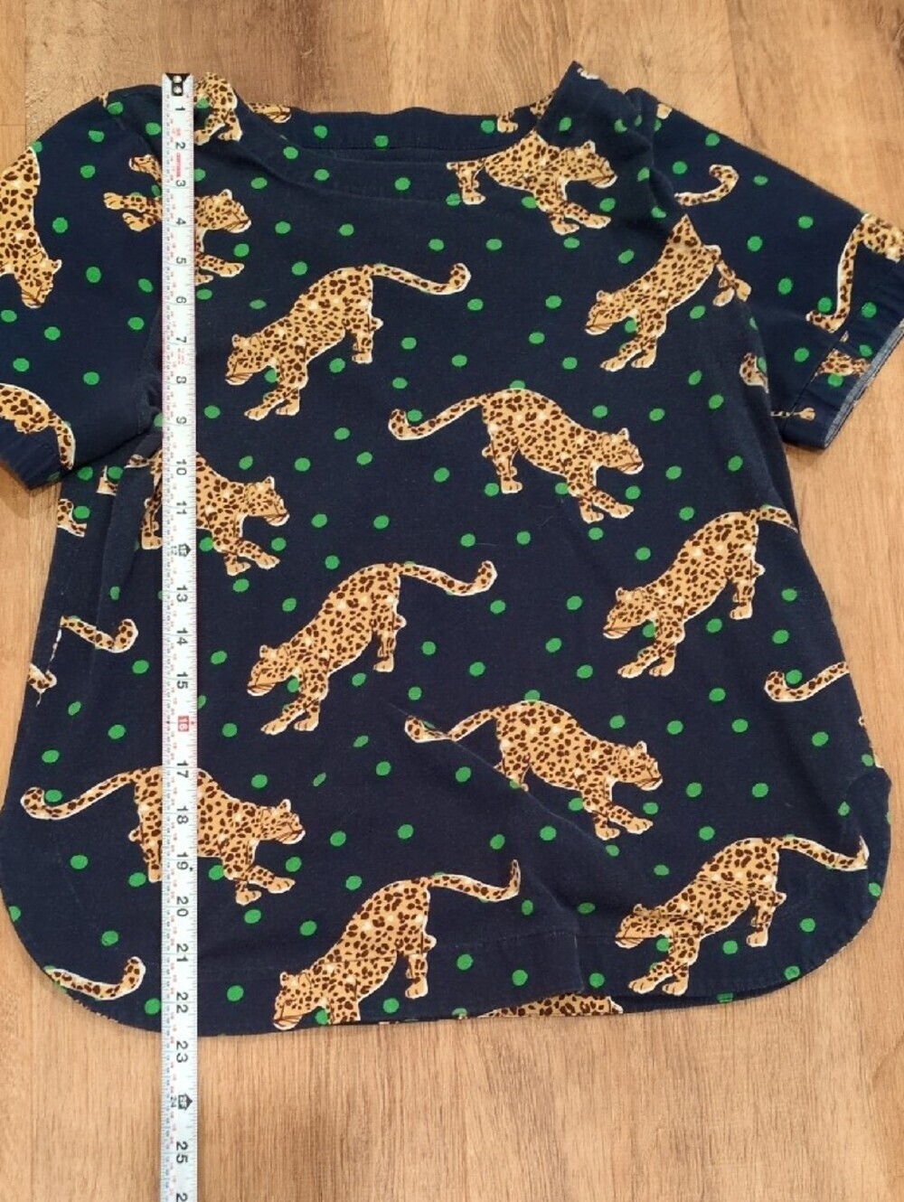 SALE - Anthropologie Navy Tee with Tan Leopard Motif and Green Polka Dots - Picture 6 of 7